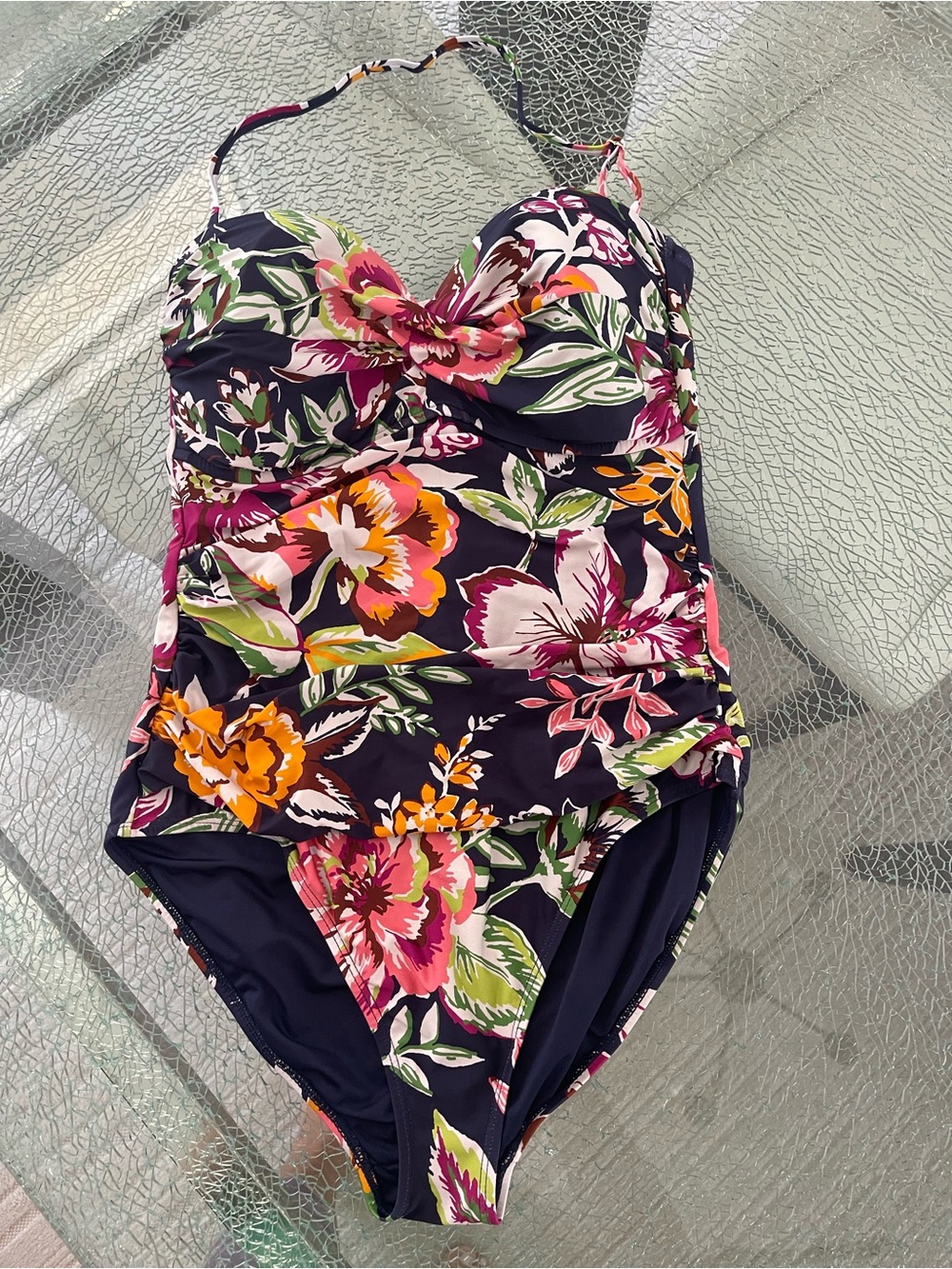 Anne Cole Navy Floral One-Piece Swimsuit with Pink, Orange & Green Accents